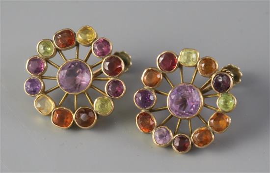 A pair of gold and multi gem set wheel ear clips, 22mm.